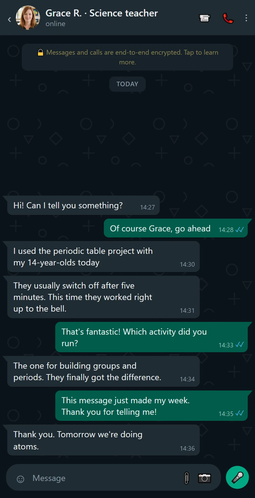 Recreated WhatsApp chat about the periodic table lesson