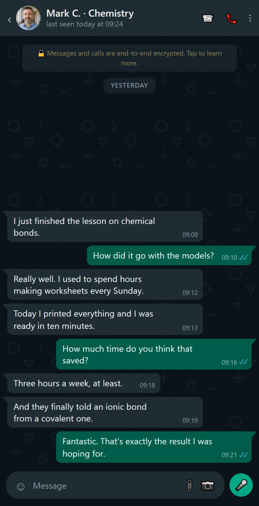 Recreated WhatsApp chat about the hours it saves
