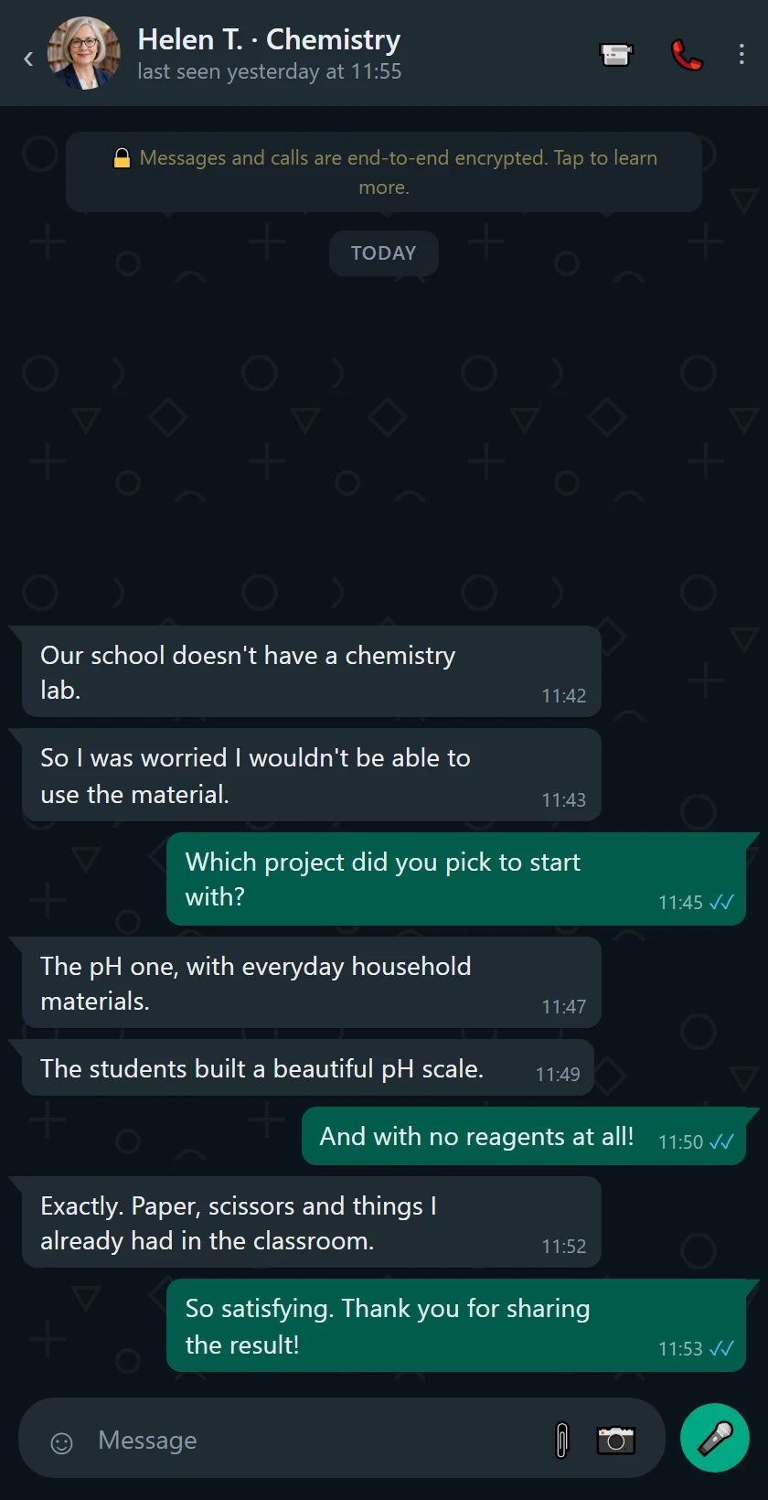Recreated WhatsApp chat about a school with no lab